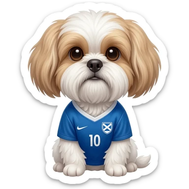 white and light brown shih zhu wearing a scotland soccer jersey v neck 2026 work cup sticker