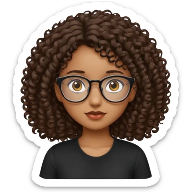 Light brown skin girl, ground eyes with glasses, dark brown eyes, curly hair dark brown waist down, short sleeve black shirt sticker