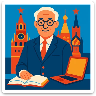A college director with recognizable Moscow towers or stars in the background, an open book and a computer nearby, symbolizing modern education in the capital. sticker
