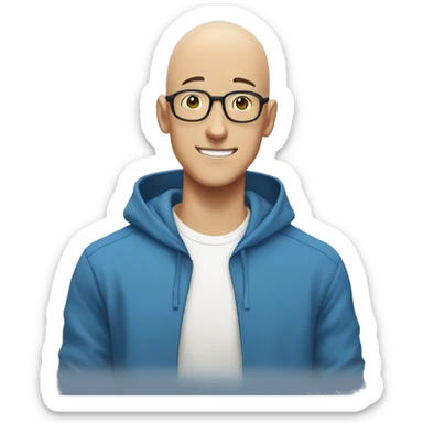 bald saitama in his 20s wearing glasses smiling in a blue hoodie sticker