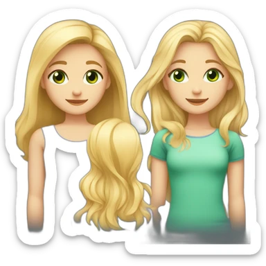 a girl with medium length blonde harl and blue eyes, a swarthy girl with medium length dark brown hair and dark eyes and a girl with long blonde hair and green eyes are hugging sticker
