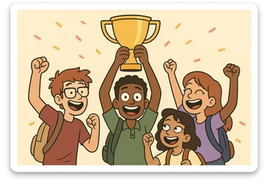 quatre jeunes étudiants, diversité visible, brandissent un trophée, dessin animé, ambiance festive sticker