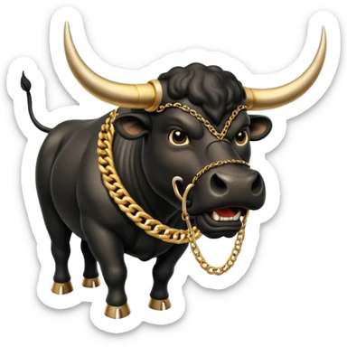 The emoji is an angry black powerful bull with steam coming out of its nose and a gold chain hanging from its neck with the inscription "bull run" sticker