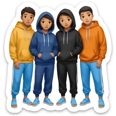 four mixed race friends all wearing oversized hoodies, sweatpants, and slides huddled together in a circle  sticker