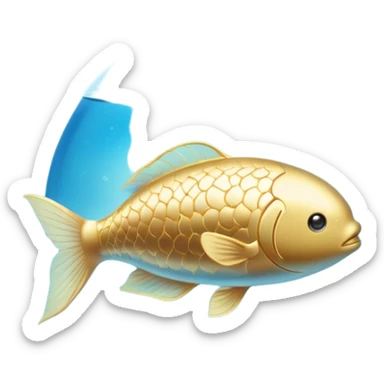 Golden capsule floating in a soft blue liquid current, with a translucent fish swimming around a luminous suspended brain. Small waves of light emanating from the brain as if expanding calm, focus and mental fluidity. Ethereal appearance with flowing elements. sticker