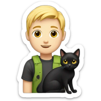 Boy with blonde hair holding a black cat sticker