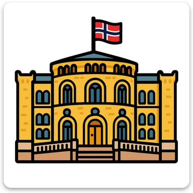 Create another emoji-style illustration of the Norwegian Parliament building (Stortinget) with a yellow brick facade, arched windows, central rotunda, and Norwegian flag on top. The style should be simplified and expressive, capturing the essence of emoji style but with a different interpretation from the original. sticker
