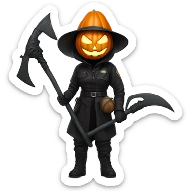 Human female pumpkin hunter with a scythe, glowing pumpkin eyes inside a black helmet, Halloween theme, emoji" sticker