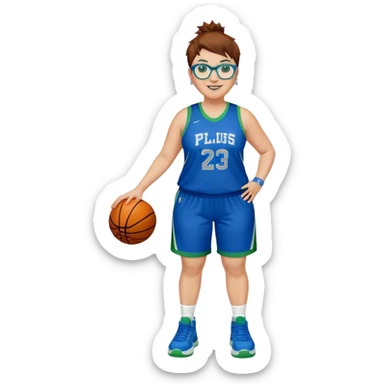Full Body plus size white female basketball player with short medium brown hair with carmel highlights spikey hair wearing blue glasses 
 wide nose wearing blue green uniform  green sneakers smiling wearing silver hoop earrings sticker