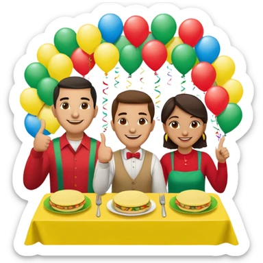 party table decorated with green red and  yellow colors, including a backdrops, balloons arch, streamers and more. On the table are intricate displays of colombian arepas, and baskets of money. In the forefront is a woman and man in simple clothing, big smiles and big thumbs up sticker