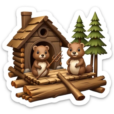 a beaver couple, one a female with a bow on her head in a beaver home made of sticks and logs sticker