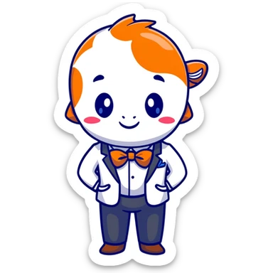 A charming and professional koi fish character, sleek rounded body with orange and white patterns, expressive eyes, friendly smile, wearing a neat business suit, white shirt, and tiny bowtie sticker