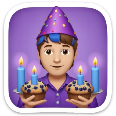 Man with brown hair wearing purple shirt and a party hat holding several blueberry muffins either candles in them  sticker