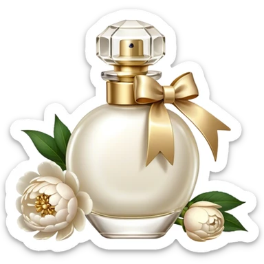 pearl white vintage style perfume bottle and ivory colored peonies and a gold bow sticker
