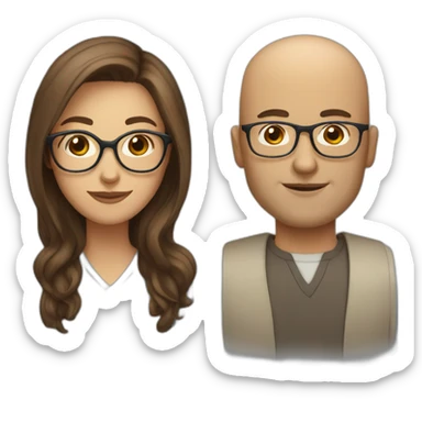 couple woman with long brown hair and bald man with glasses sticker
