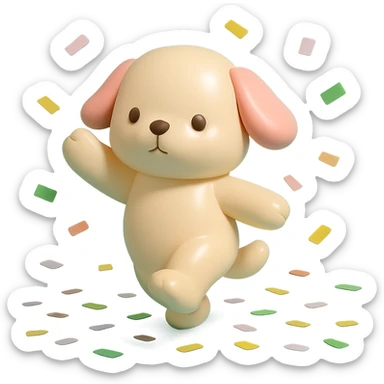 puppy jumping in confetti with paw up, vinyl figure style sticker