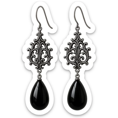 goth earrings, black onyx teardrop, silver filigree, elegant gothic style sticker