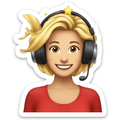 A radio DJ with sparkles on her face and stars in her hair. She is smiling and wearing a t shirt with a tuna fish on and red shoes sticker