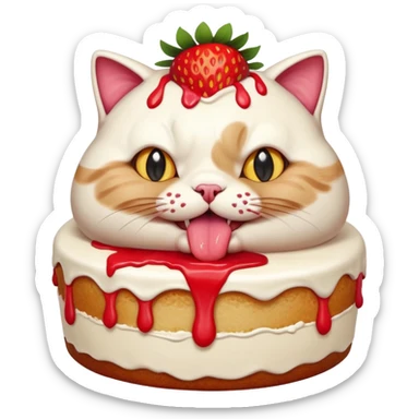 A chubby cat aggressively eating a giant strawberry cake, cream all over its face, exaggerated expression, vibrant colors, cartoon style, playful and humorous mood
, sticker