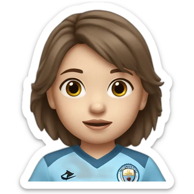 2 year old girl with brown hair and eyes wearing Manchester City football shirt sticker