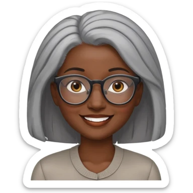 smiling dark black woman wearing glasses with lots of gray hair a sticker