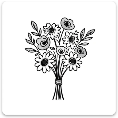 a hand-tied bouquet of assorted flowers with stems and leaves, pastel colors dd9fb0, ffc6d3, a3bfc9, c4bee2, f1b091, detailed hand-drawn doodle style sticker
