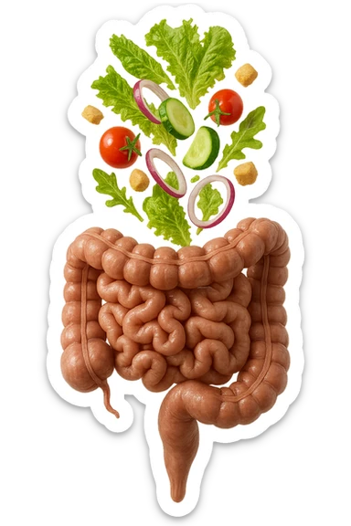 INSALATA CADE VERTICALMENTE SU UN INTESTINO ANATOMICO REALISTICO, iperrealistico 4k, ISOLATA SU SFONDO BIANCO sticker
