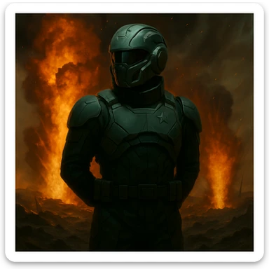 Add a sci-fi helmet to the man, keeping the dark green military fatigues and warzone background with explosions and flames. The style should maintain a realistic and intense warzone atmosphere with detailed explosions and flames in the background. sticker