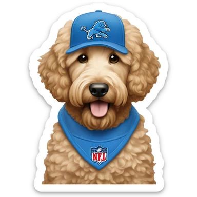 Goldendoodle wearing a Detroit lion  sticker
