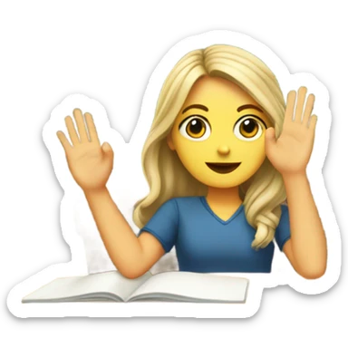A white girl with a raised hand at a desk at school  sticker