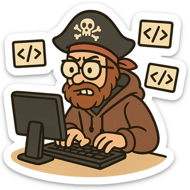a pirate with glasses and a hoodie, typing on a computer, surrounded by code, fun and quirky, cartoon style sticker