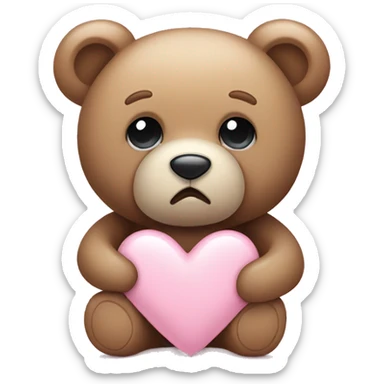 Teddy bear with sad eyes holding a pastel pink heart sticker