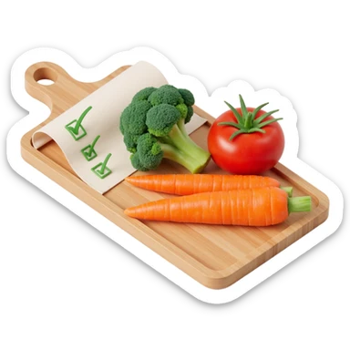 carrot tomato brocoli on the wooden cutting board with floating rolled paper list with green checkboxes sticker