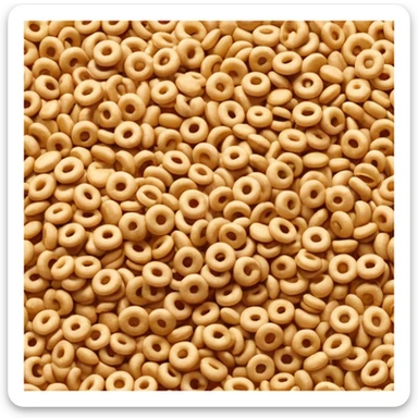 shallow pile of puffed breakfast cereal grains with varied shapes (rings, pillows, or flakes), golden brown tones, crisp and lightly textured, soft lighting, subtle shadows, emoji scale sticker