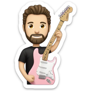 white man with dark beard and black t shirt and pastel pink stratocaster electric guitar sticker