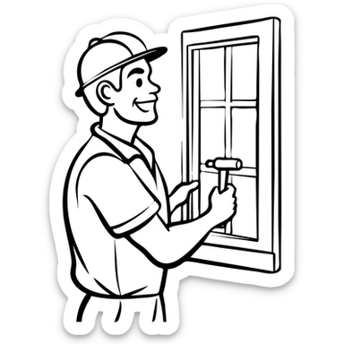 Window repair craftsman smiling while holding a small rubber mallet in his hand, looking at window he's fixing sticker