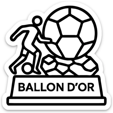 Replace the footballer silhouette on the Ballon d'Or trophy with Ousmane Dembélé's signature silhouette in a dynamic dribbling pose. Keep the outlined icon style with gold accents, clean, and with no background (transparent). sticker