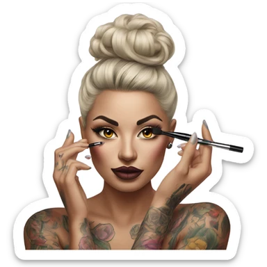 Hyper Realistic Beautiful tattooed woman applying her makeup sticker