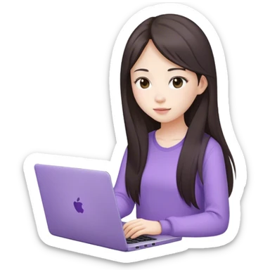 Long hair brunette Asian girl working on lavender laptop sticker
