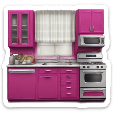 Isolated full length Realistic magenta vintage retro kitchen range with cabinets and counters. sticker