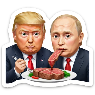 photorealistic Donald Trump and Putin eating a steak shaped like an piece of land sticker