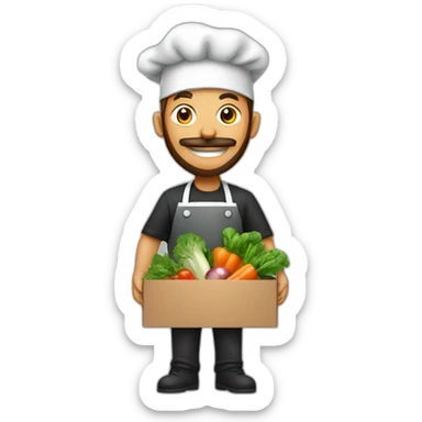 A CHEF WITH A SURPRISE BOX full of vegetables with no hat and a beard sticker