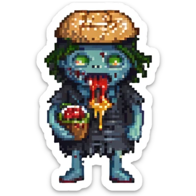 a zombie eating a hamburger dripping ketchup, pixel art style, retro, simple sticker