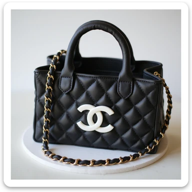 photorealistic Chanel shopping bag cake, black and white, no background sticker