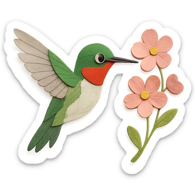 delicate paper-craft ruby-throated hummingbird, wings spread, hovering by pink blossoms, expressive eye sticker