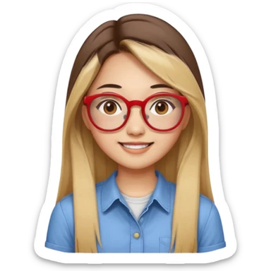 20 yr old asian woman, straight thick long brown hair, blond at ends of hair, center part to hair, big red glasses, brown eyes, casual shirt sticker