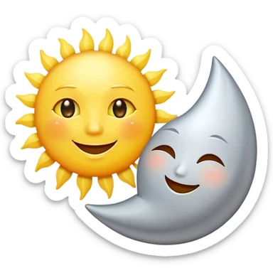 a really bright  big sun and a tinsmall moon who shines because of it. the sun is bigger and the tiny \moon bright too beside it smiling looking at each other  sticker