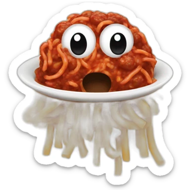 Spaghetti and meatballs with a face, arms and legs, doing something random sticker
