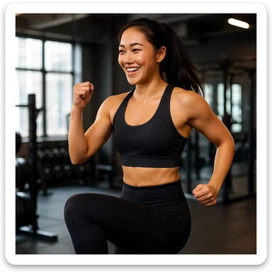 Asian woman doing a routine workout, energetic, fitness attire, gym background sticker