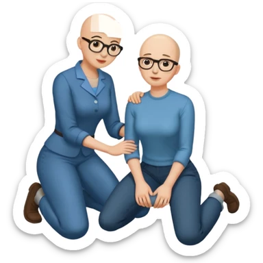 Woman kneeling at man’s feet. He is bald with glasses sticker